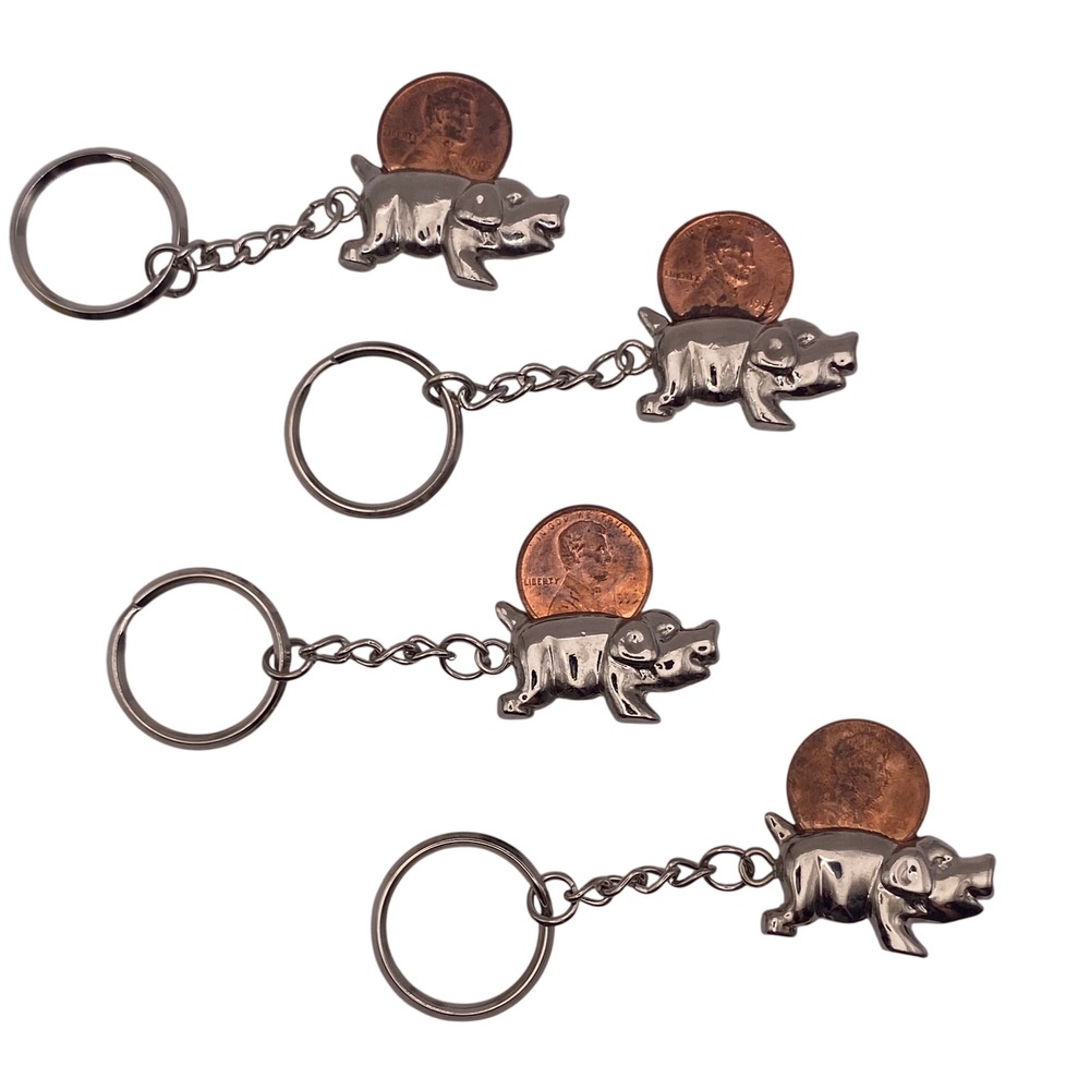 Vintage Style Silver Tone‎ Pig Keychain Set of 4 with Lucky Penny Slot Novelty